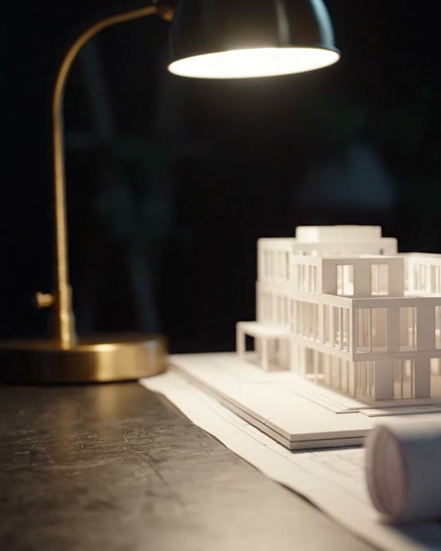 Maquete de estudo de um sobrado ao lado de uma luminária de mesa acesa