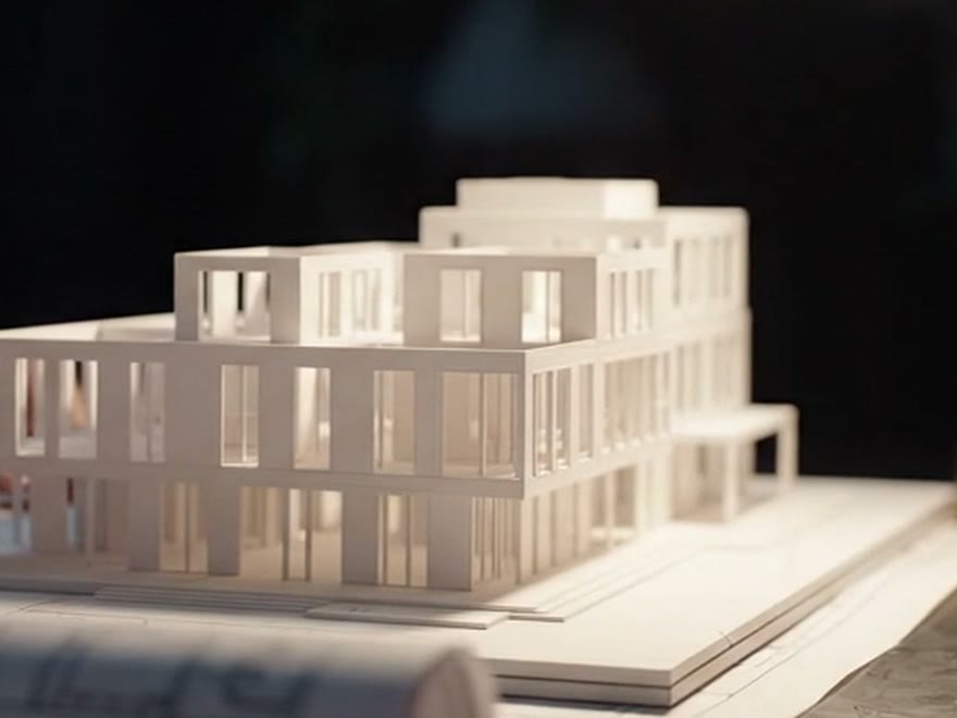 Maquete branca de um edifício de três pavimentos com fachada em grelha, sobre a prancheta