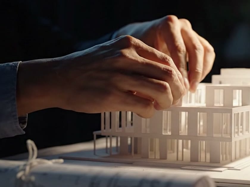Mãos encaixando o último pavimento de uma maquete branca