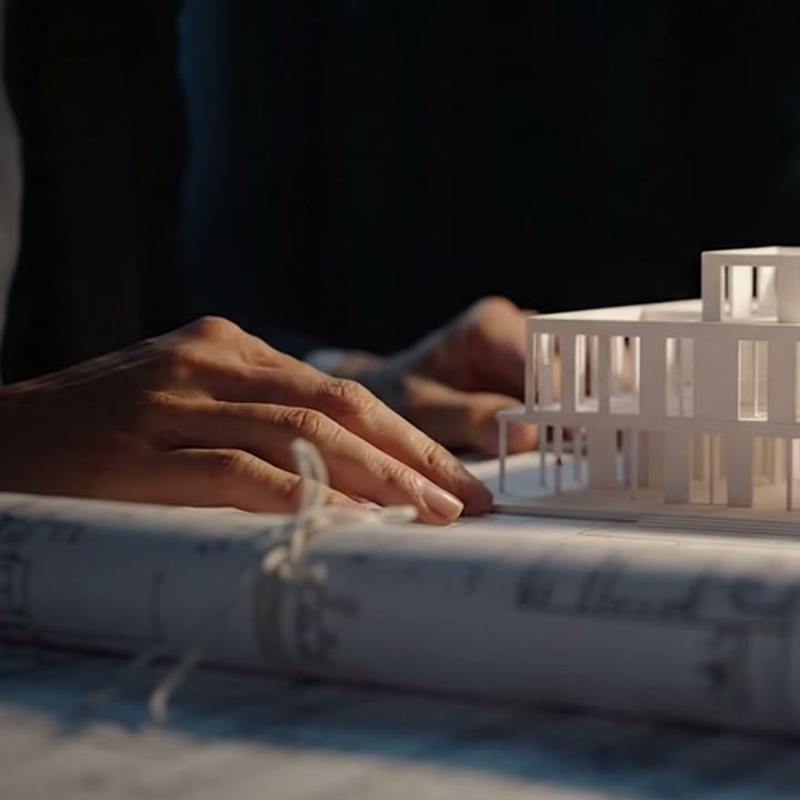 Mão apoiada sobre um rolo de pranchas, ao lado de uma maquete de estudo