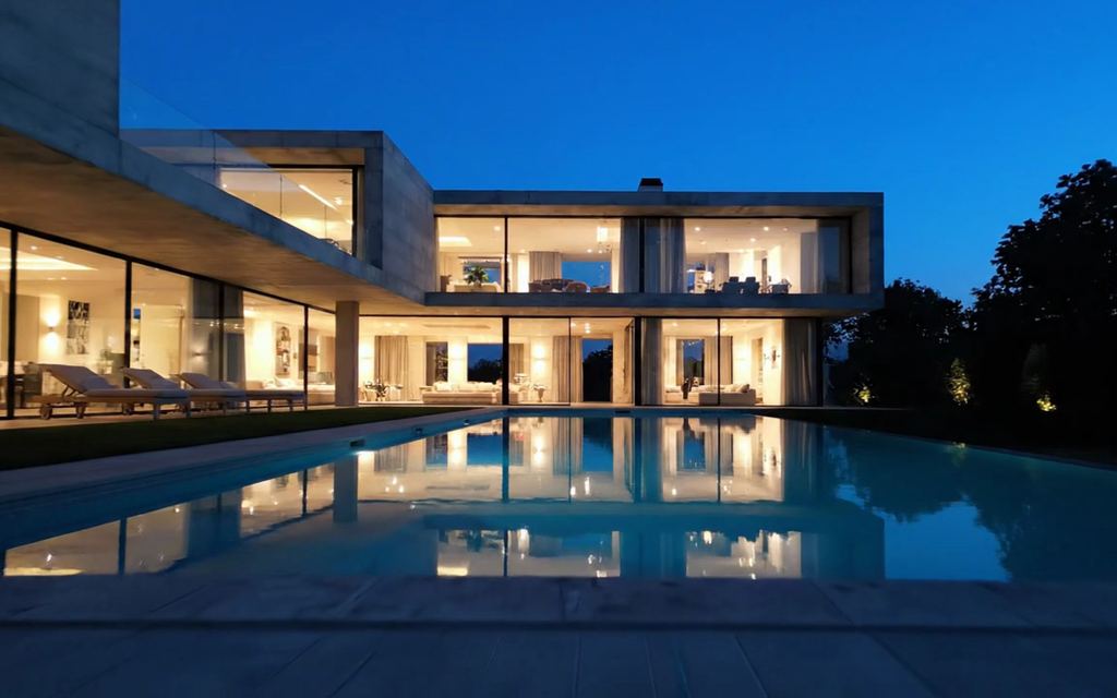 Casa moderna de dois pavimentos, com fachada de vidro iluminada e piscina, ao anoitecer