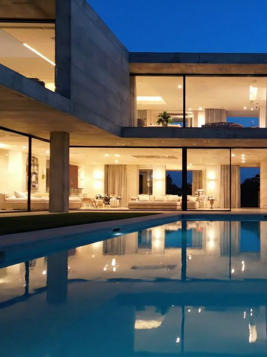 Perspectiva de casa contemporânea com balanço de concreto, paredes de vidro e piscina, ao anoitecer