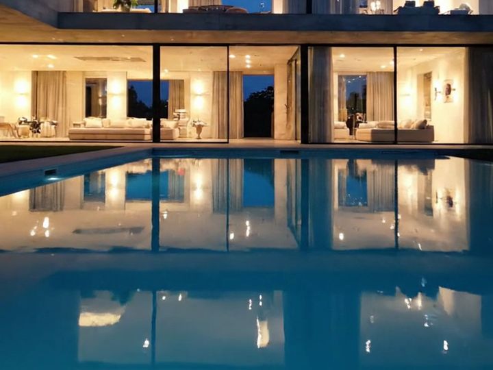 Piscina iluminada refletindo a fachada envidraçada da casa
