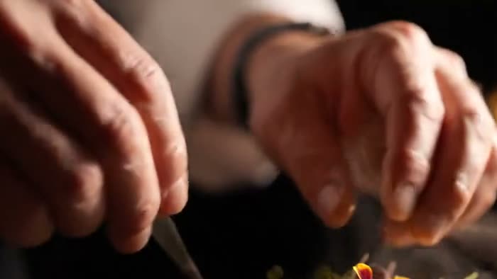 Mãos do cozinheiro trabalhando com precisão