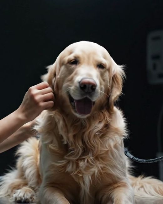 Golden retriever de pelo macio recebendo carinho atrás da orelha
