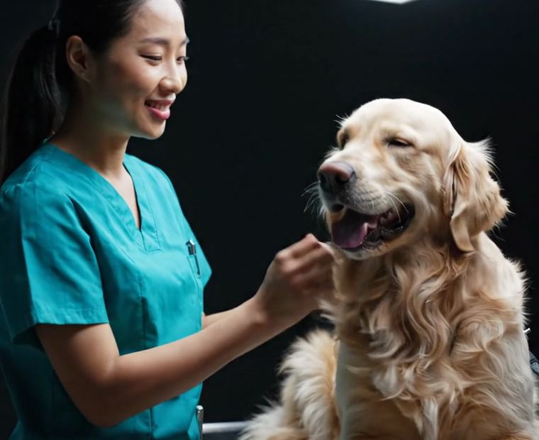 Médica-veterinária sorri enquanto examina um golden retriever sobre a mesa de atendimento