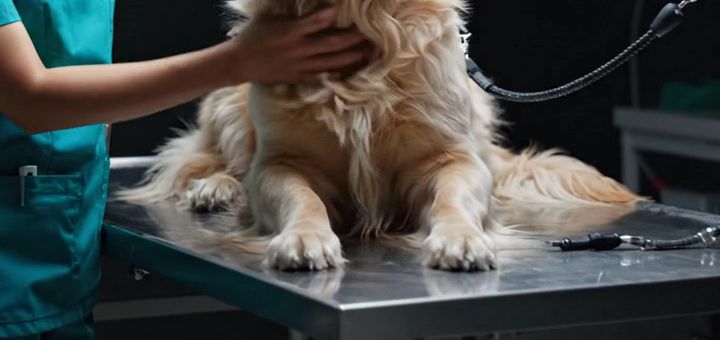 Patas de um golden retriever sobre a mesa de exame de inox, com a mão da veterinária apoiada no pelo